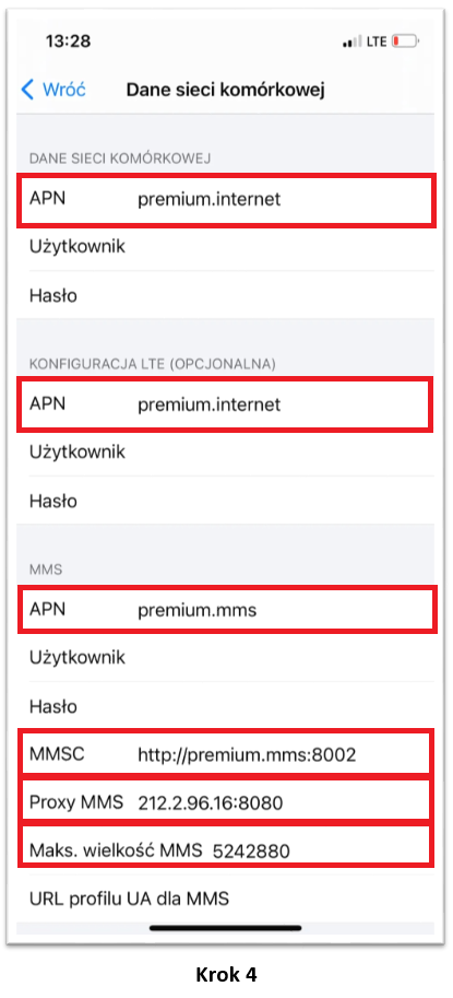 Dane sieci komórkowej zrzut ekranu