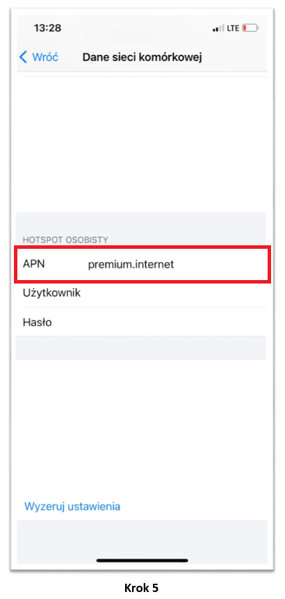 Dane sieci komórkowej zrzut ekranu